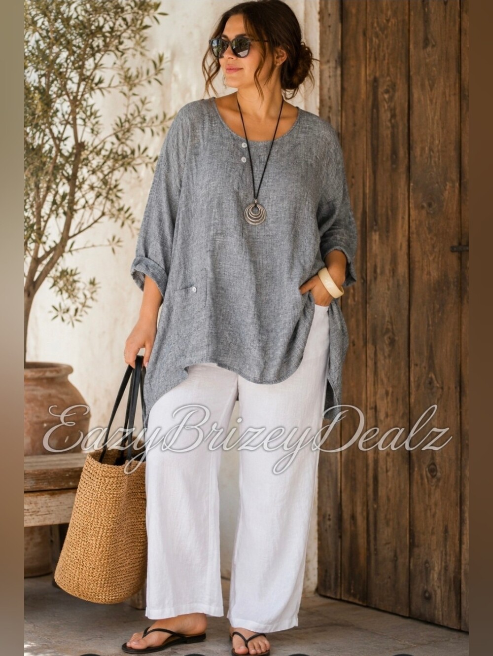 Eva Tralala Paris 100% Linen Oversized Tunic Top Gray Lagenlook XL French Boho